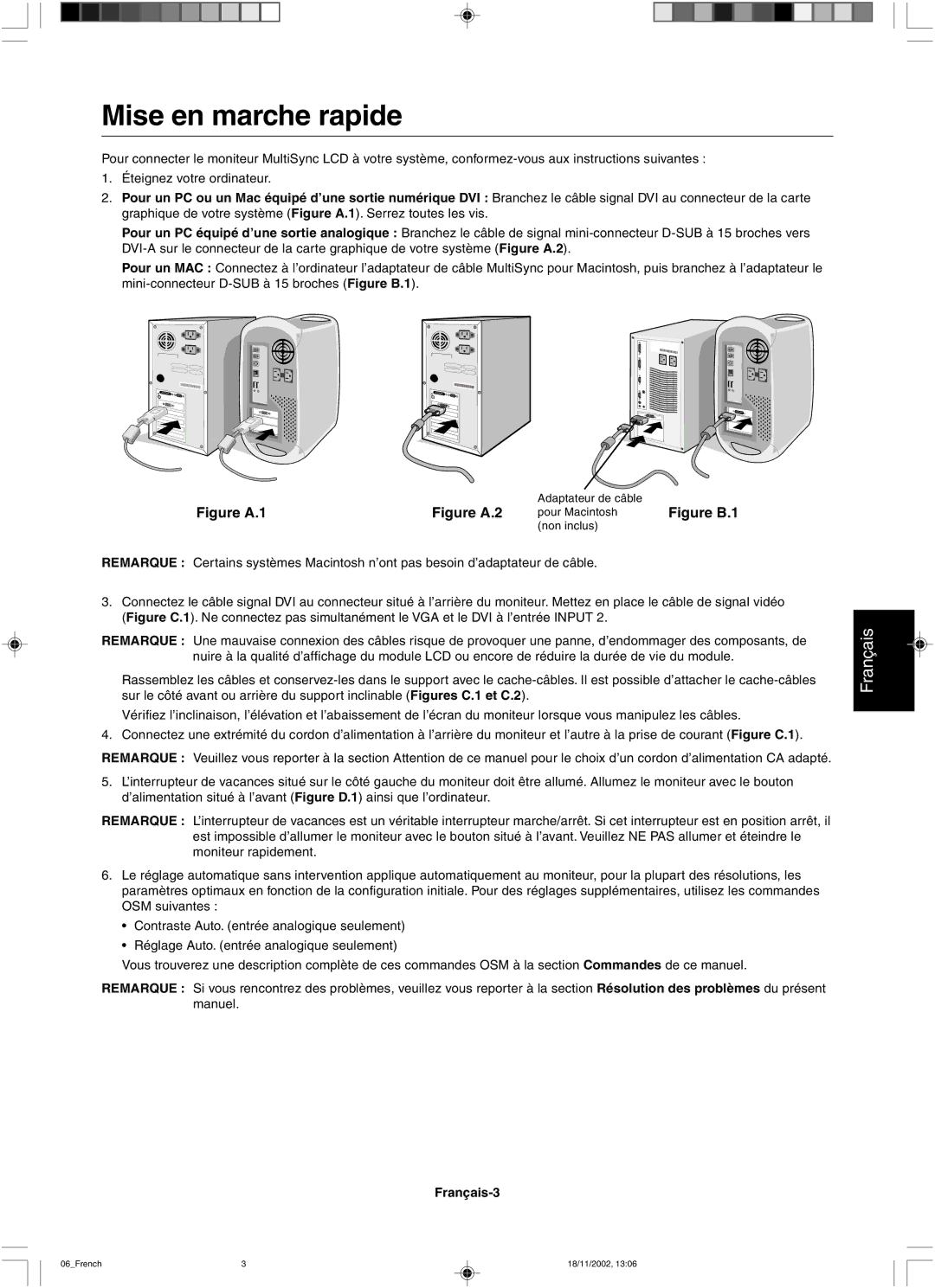 NEC LCD2080UX user manual Mise en marche rapide, Français-3 