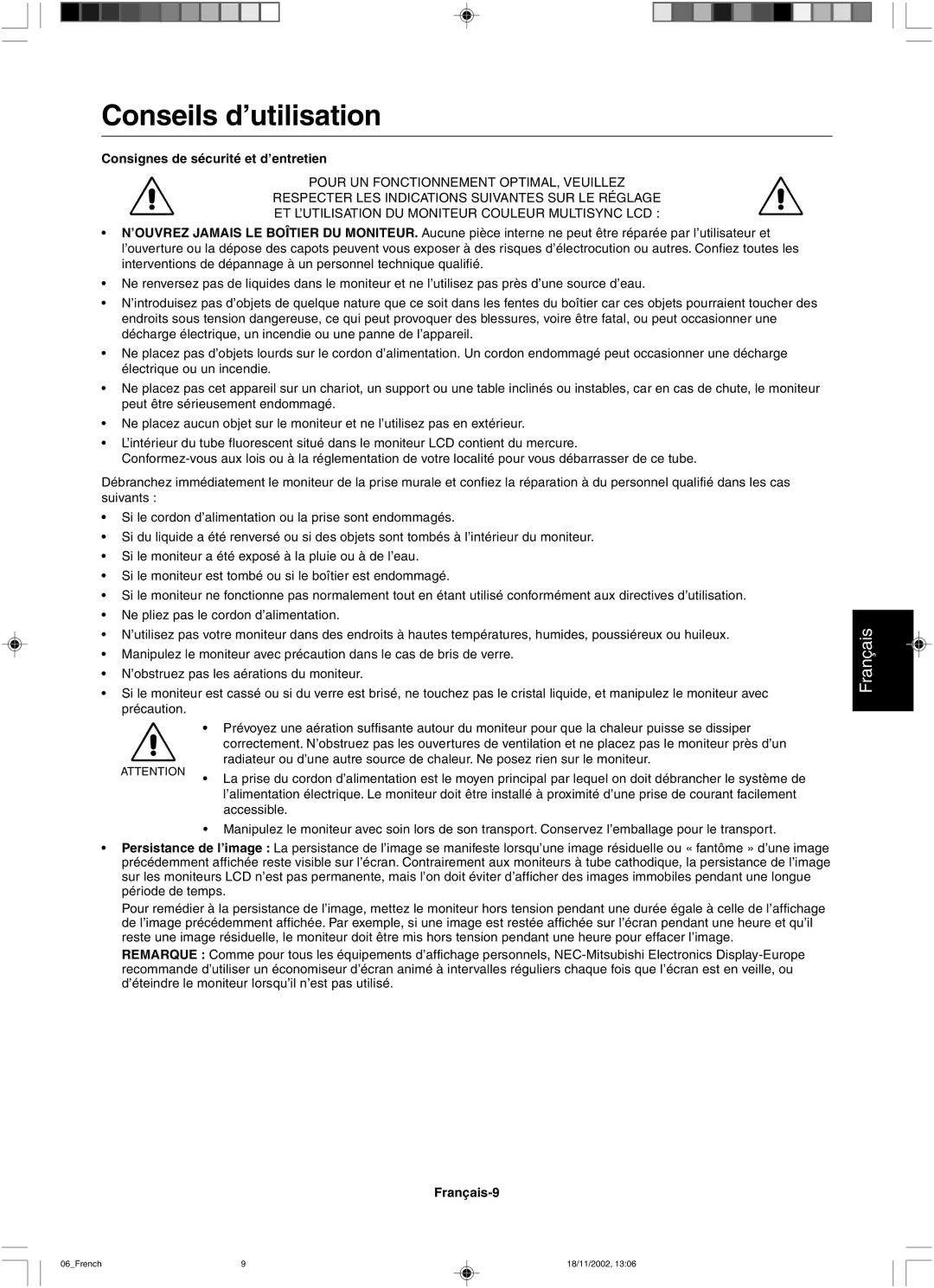 NEC LCD2080UX user manual Conseils d’utilisation, Consignes de sécurité et d’entretien, Français-9 