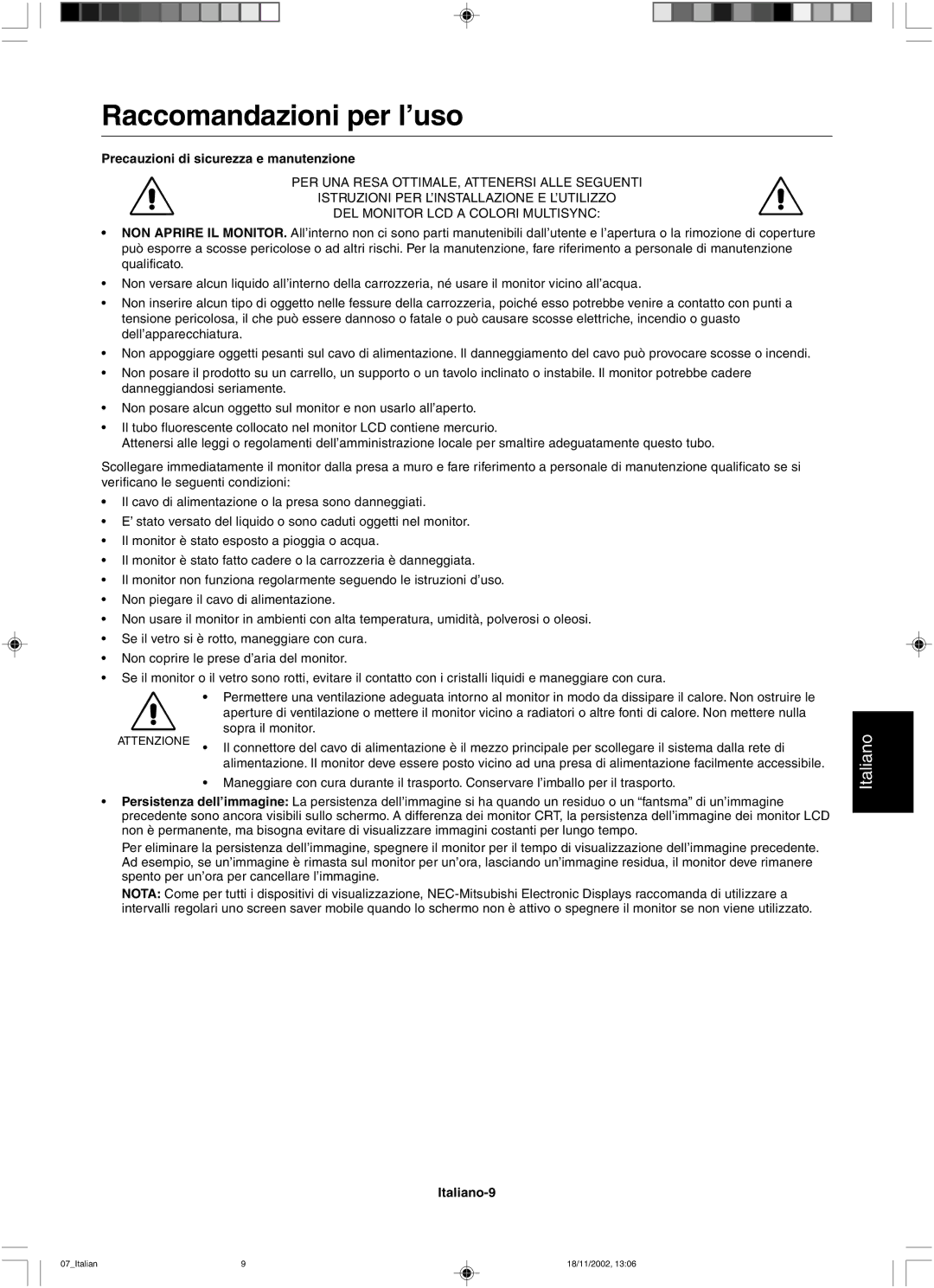 NEC LCD2080UX user manual Raccomandazioni per l’uso, Precauzioni di sicurezza e manutenzione, Italiano-9 