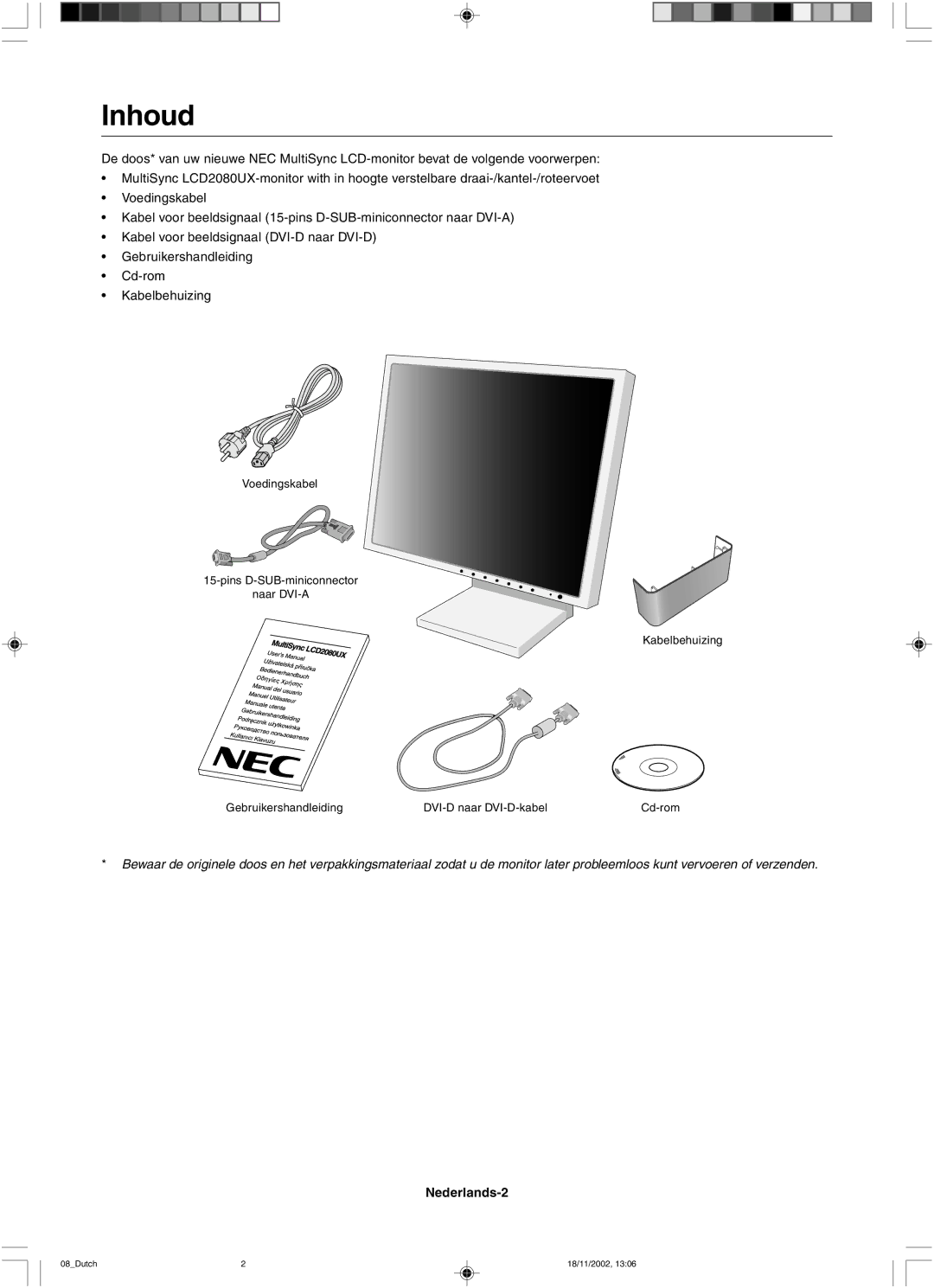 NEC LCD2080UX user manual Inhoud, Nederlands-2 