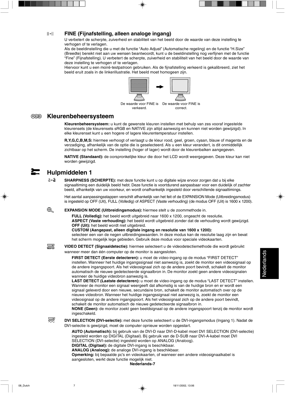 NEC LCD2080UX user manual Kleurenbeheersysteem, Hulpmiddelen, Fine Fijnafstelling, alleen analoge ingang, Nederlands-7 