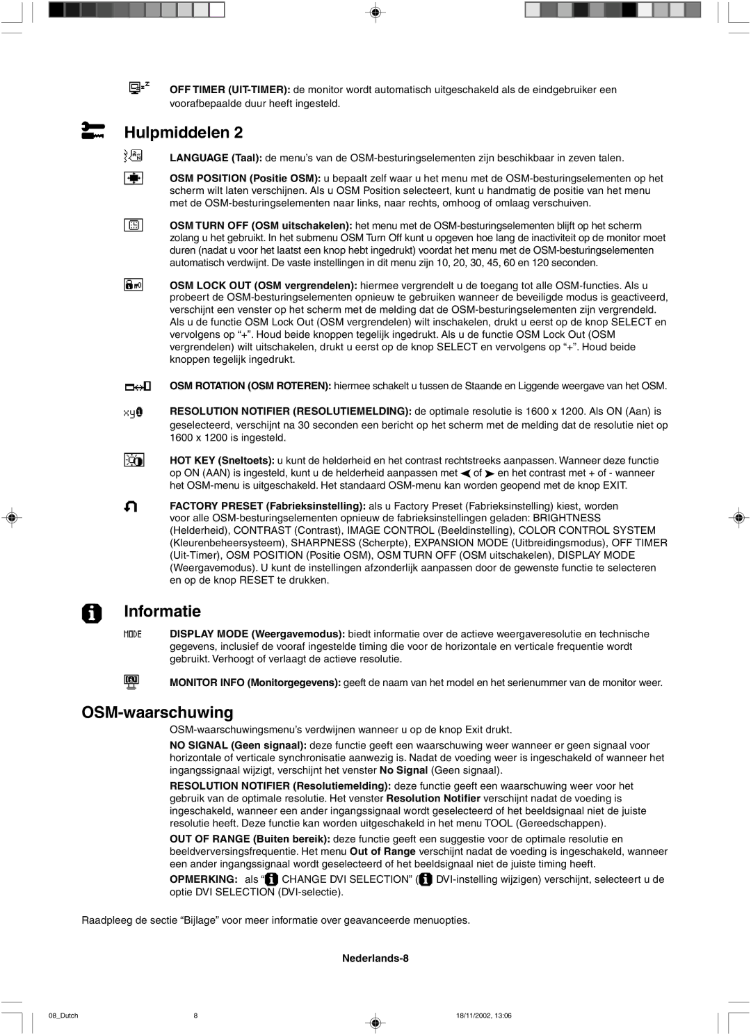 NEC LCD2080UX user manual Informatie, OSM-waarschuwing, Nederlands-8 