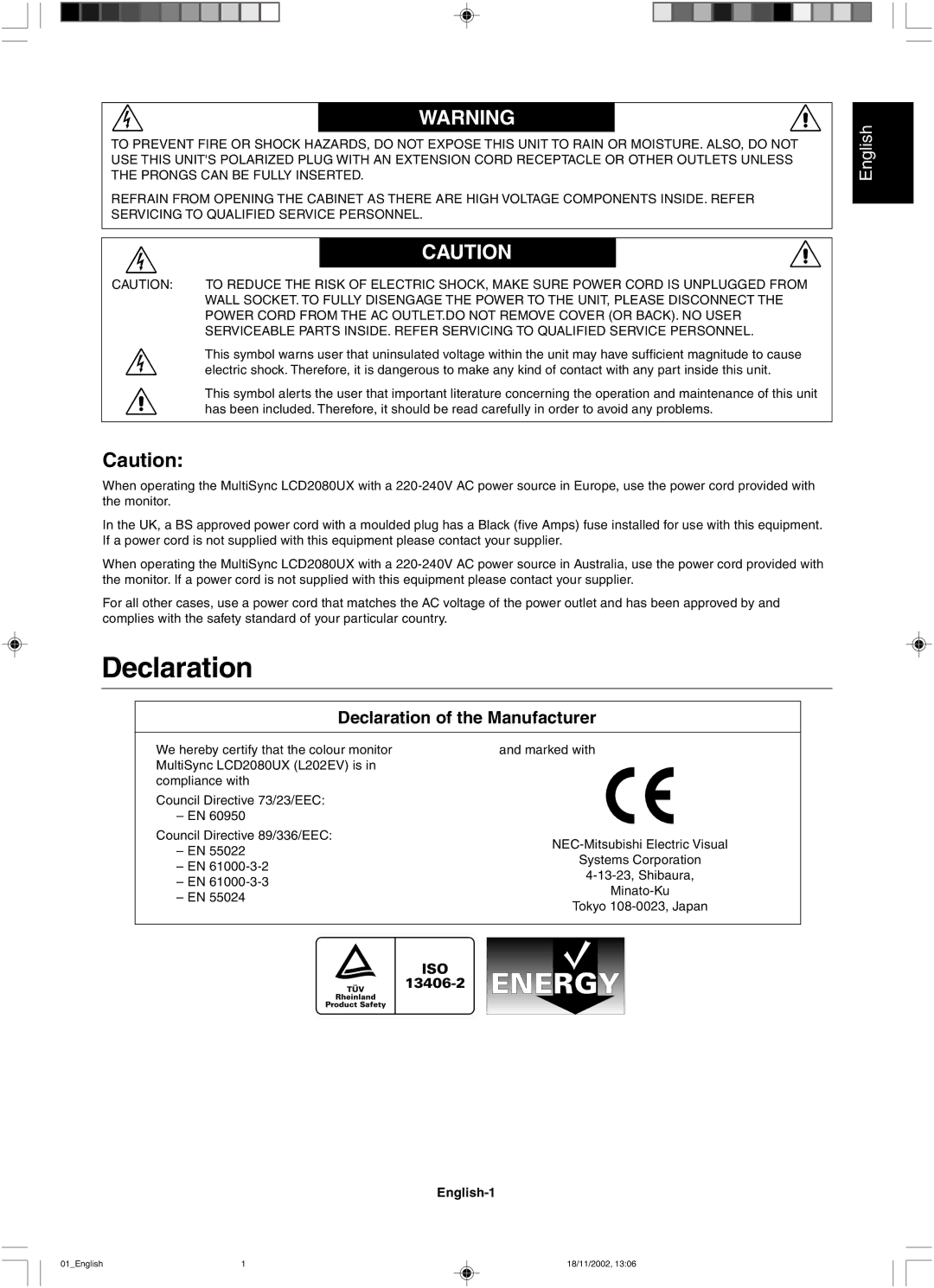 NEC LCD2080UX user manual Declaration of the Manufacturer, English-1 