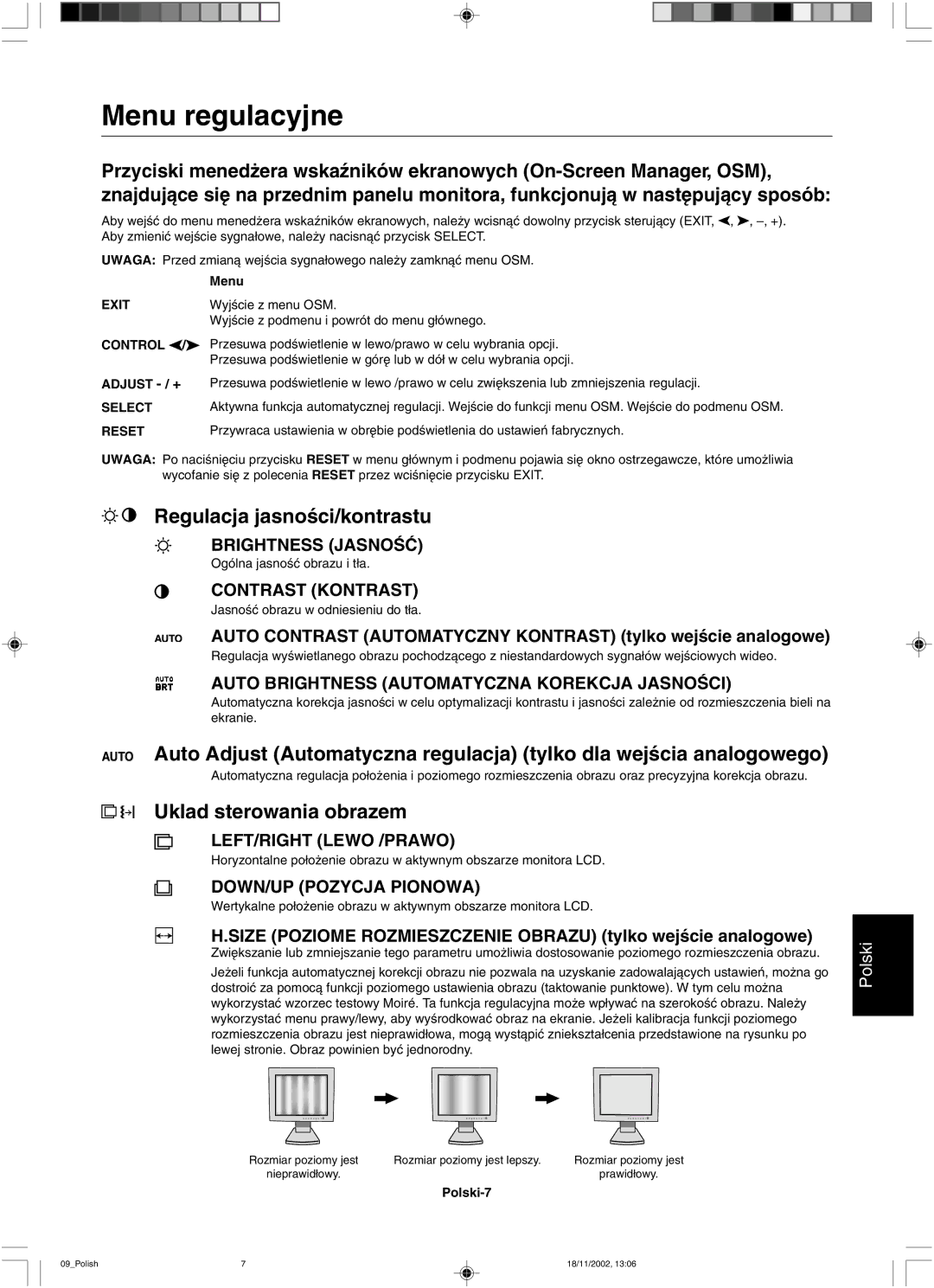 NEC LCD2080UX user manual Menu regulacyjne, Regulacja jasnoÊci/kontrastu, Uklad sterowania obrazem 