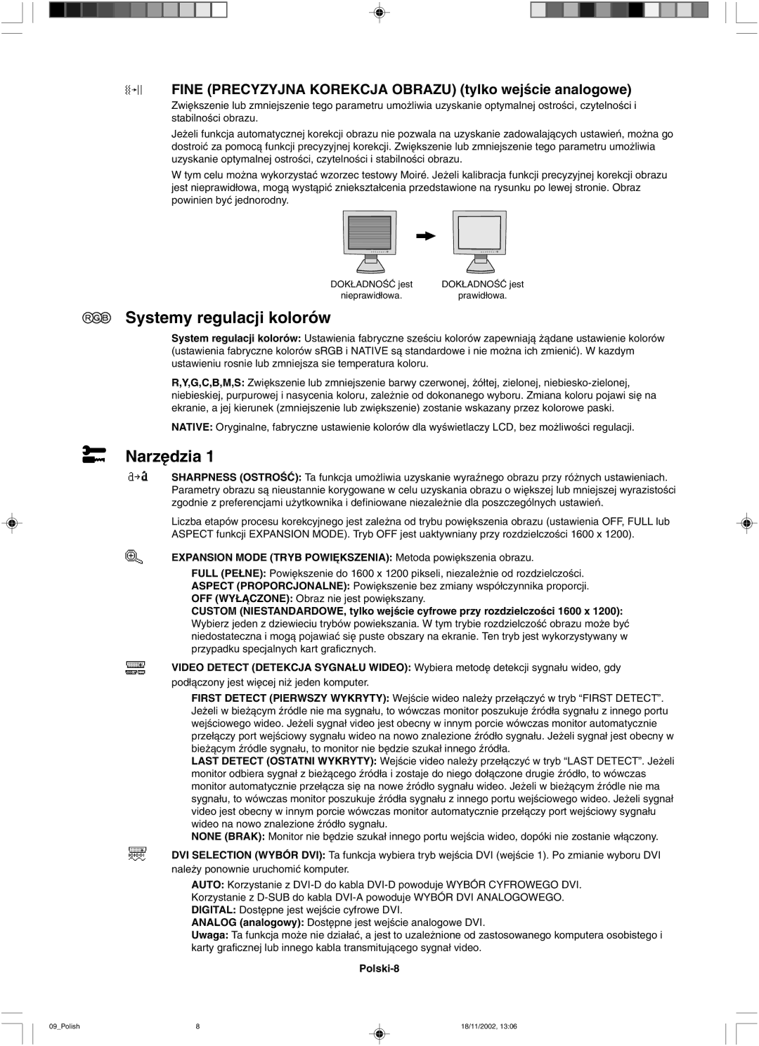 NEC LCD2080UX user manual Systemy regulacji kolorów, Narz´dzia 