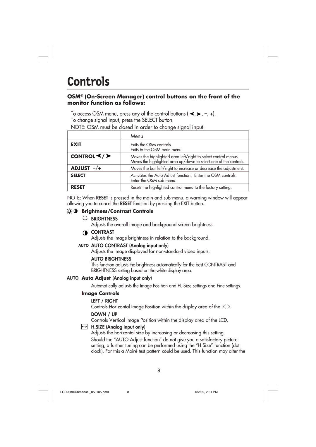 NEC LCD2080UXI manual Controls 