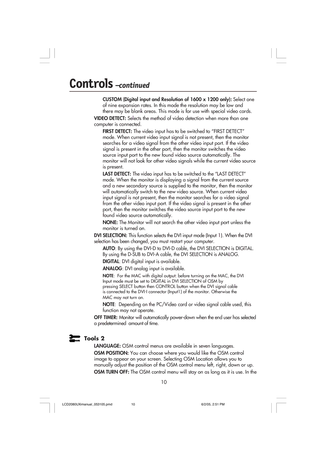 NEC LCD2080UXI manual Tools, Language OSM control menus are available in seven languages 