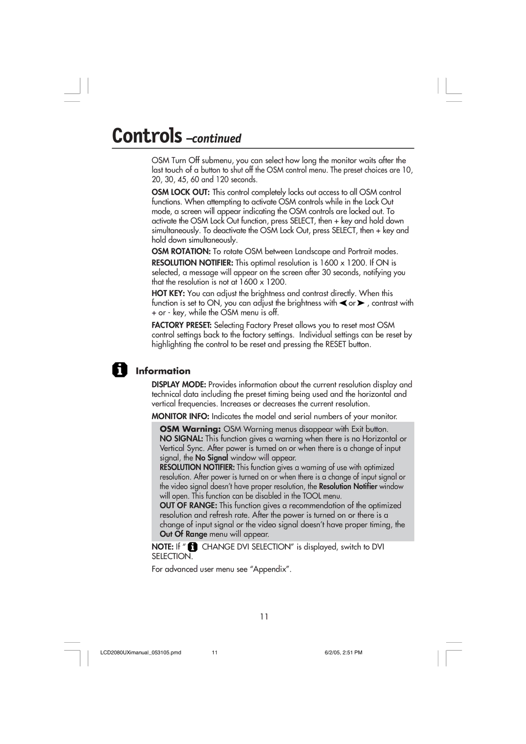 NEC LCD2080UXI manual Information 