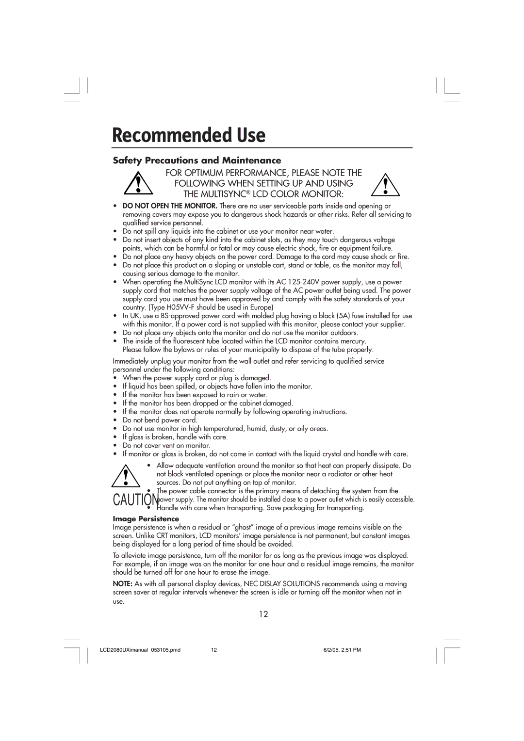 NEC LCD2080UXI manual Recommended Use, Safety Precautions and Maintenance 