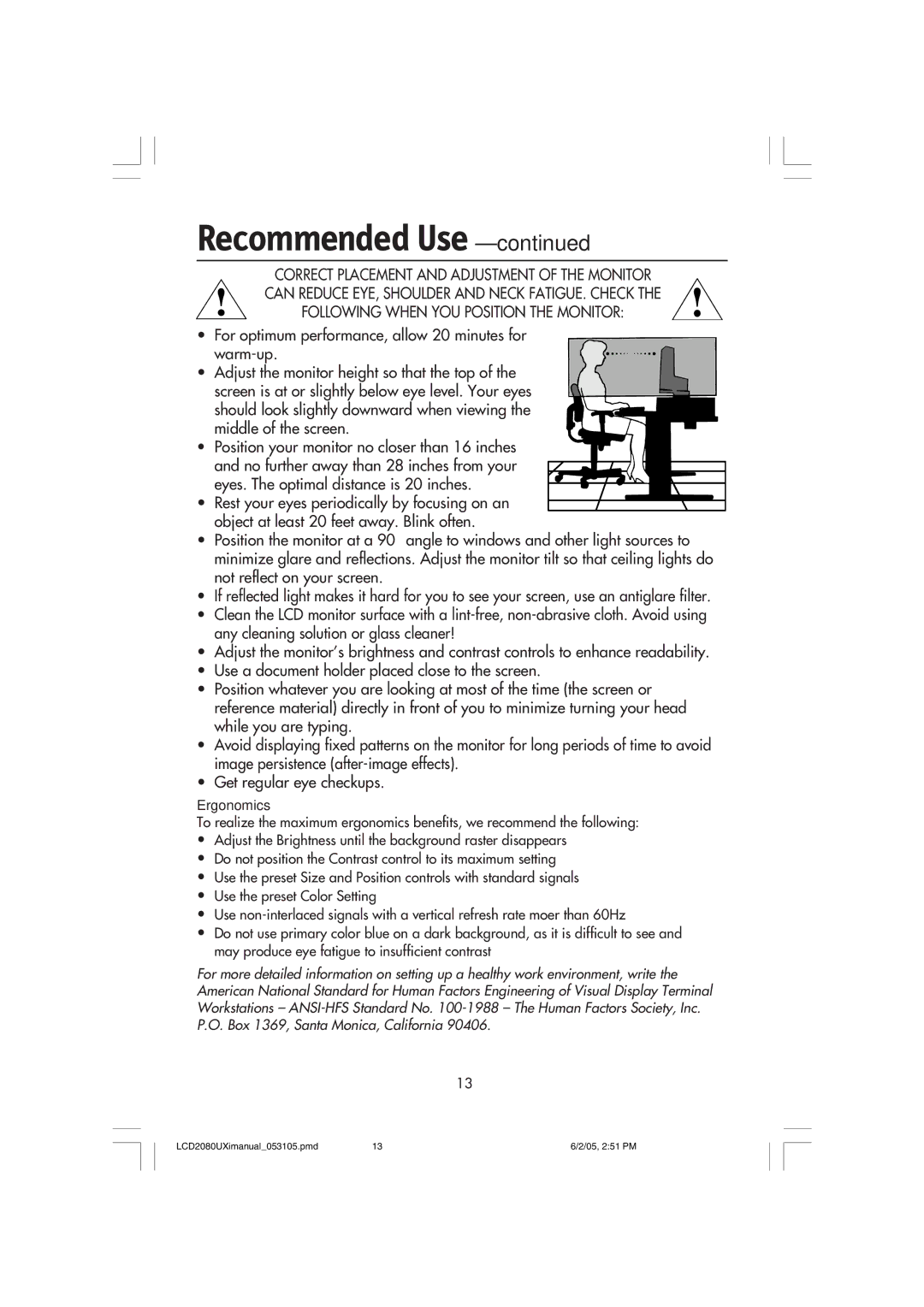 NEC LCD2080UXI manual Ergonomics 