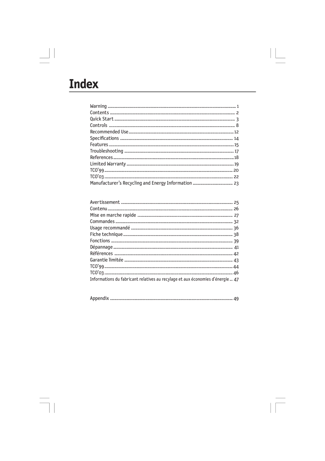 NEC LCD2080UXI manual Index, Manufacturer’s Recycling and Energy Information 