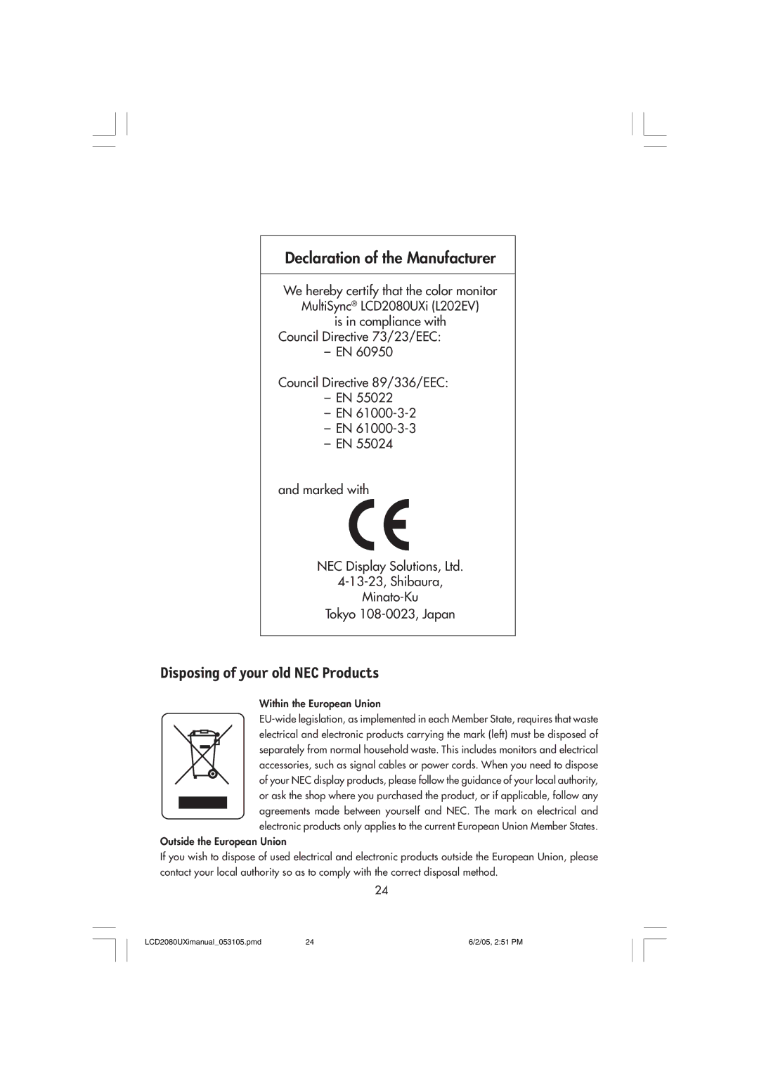NEC LCD2080UXI manual Disposing of your old NEC Products 