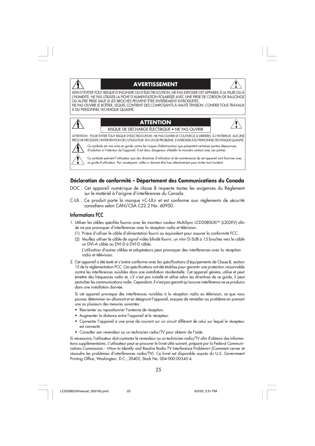 NEC LCD2080UXI manual Avertissement 