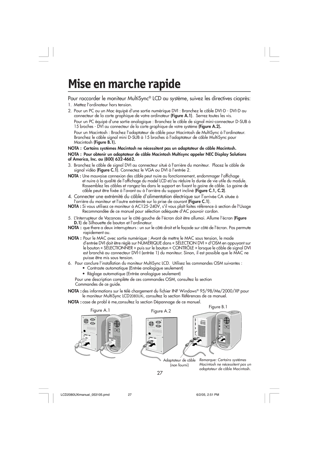 NEC LCD2080UXI manual Mise en marche rapide, Mettez l’ordinateur hors tension 