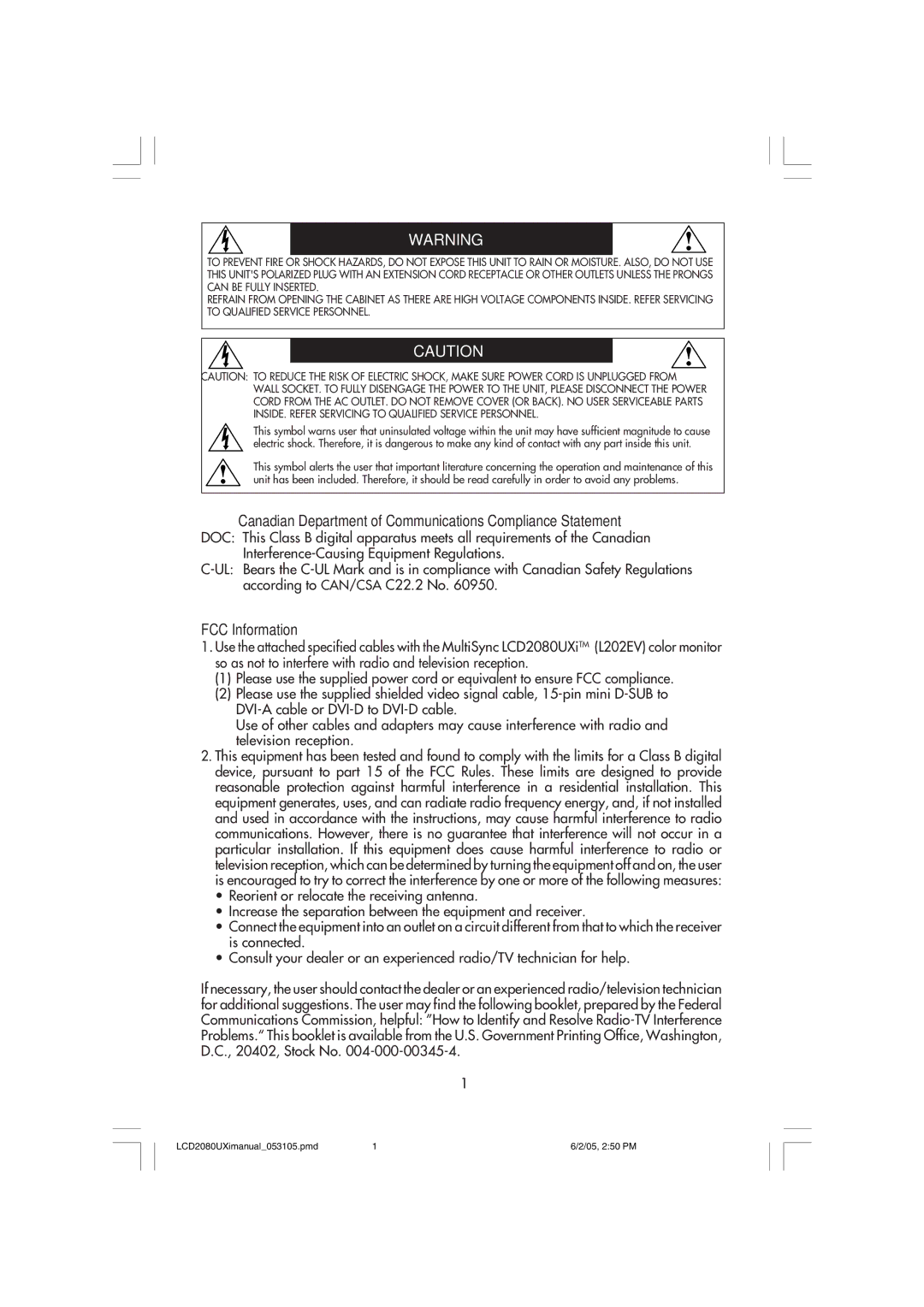 NEC LCD2080UXI manual Canadian Department of Communications Compliance Statement, FCC Information 