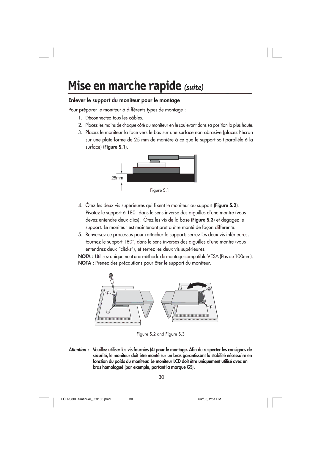 NEC LCD2080UXI manual Enlever le support du moniteur pour le montage 