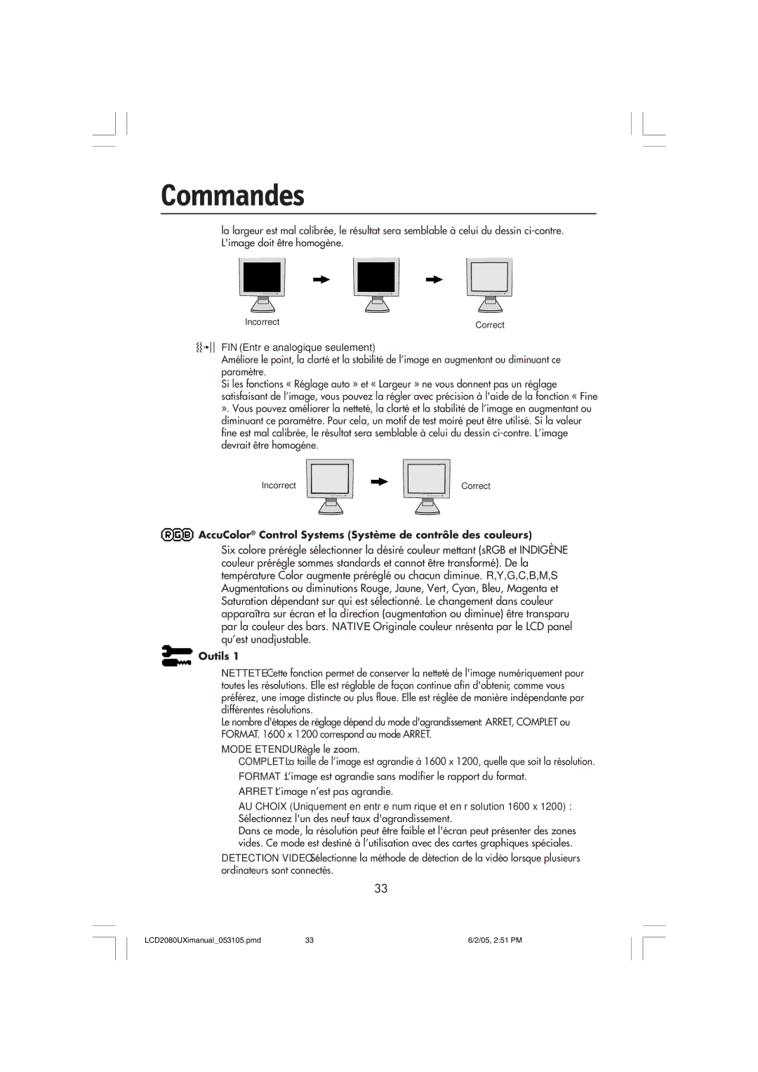 NEC LCD2080UXI manual Commandes suite, AccuColor Control Systems Système de contrôle des couleurs 