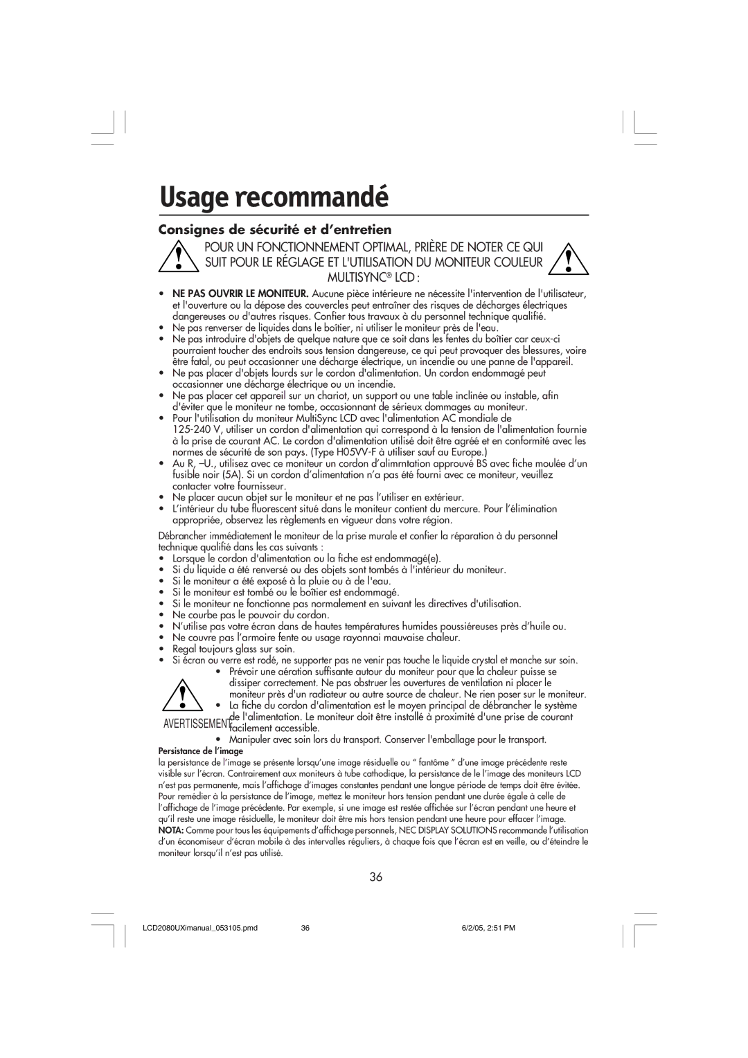 NEC LCD2080UXI manual Usage recommandé, Consignes de sécurité et d’entretien 