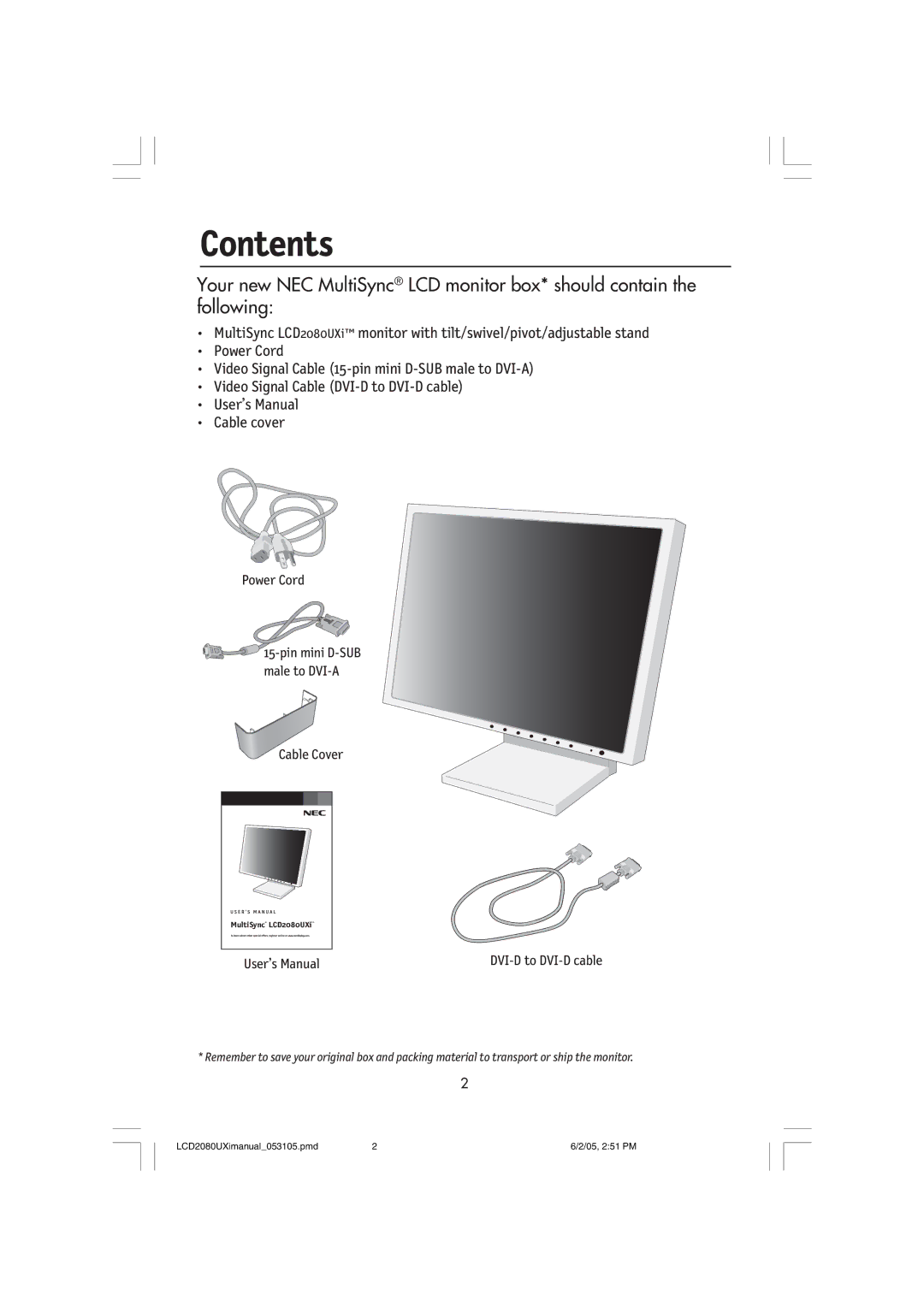 NEC LCD2080UXI manual Contents 