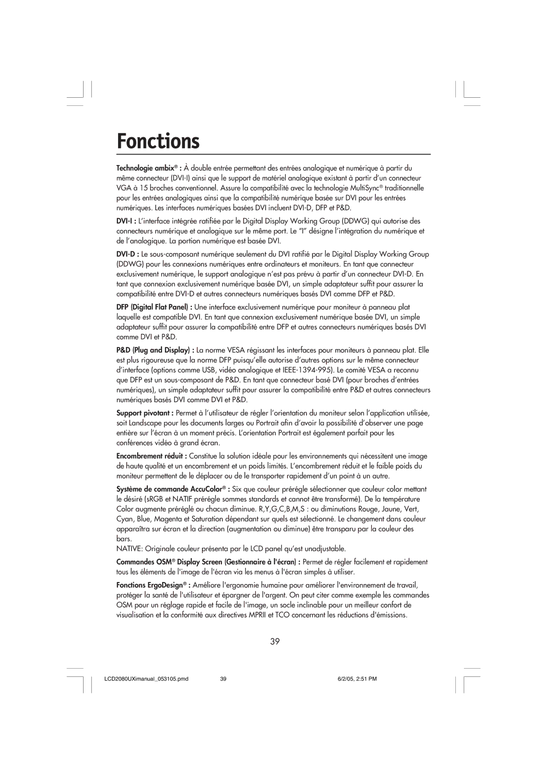 NEC LCD2080UXI manual Fonctions 