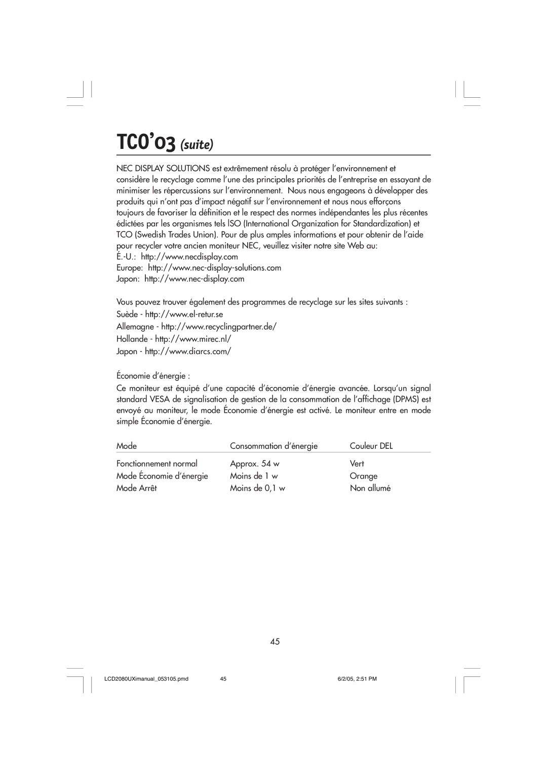 NEC LCD2080UXI manual TCO’03 suite 