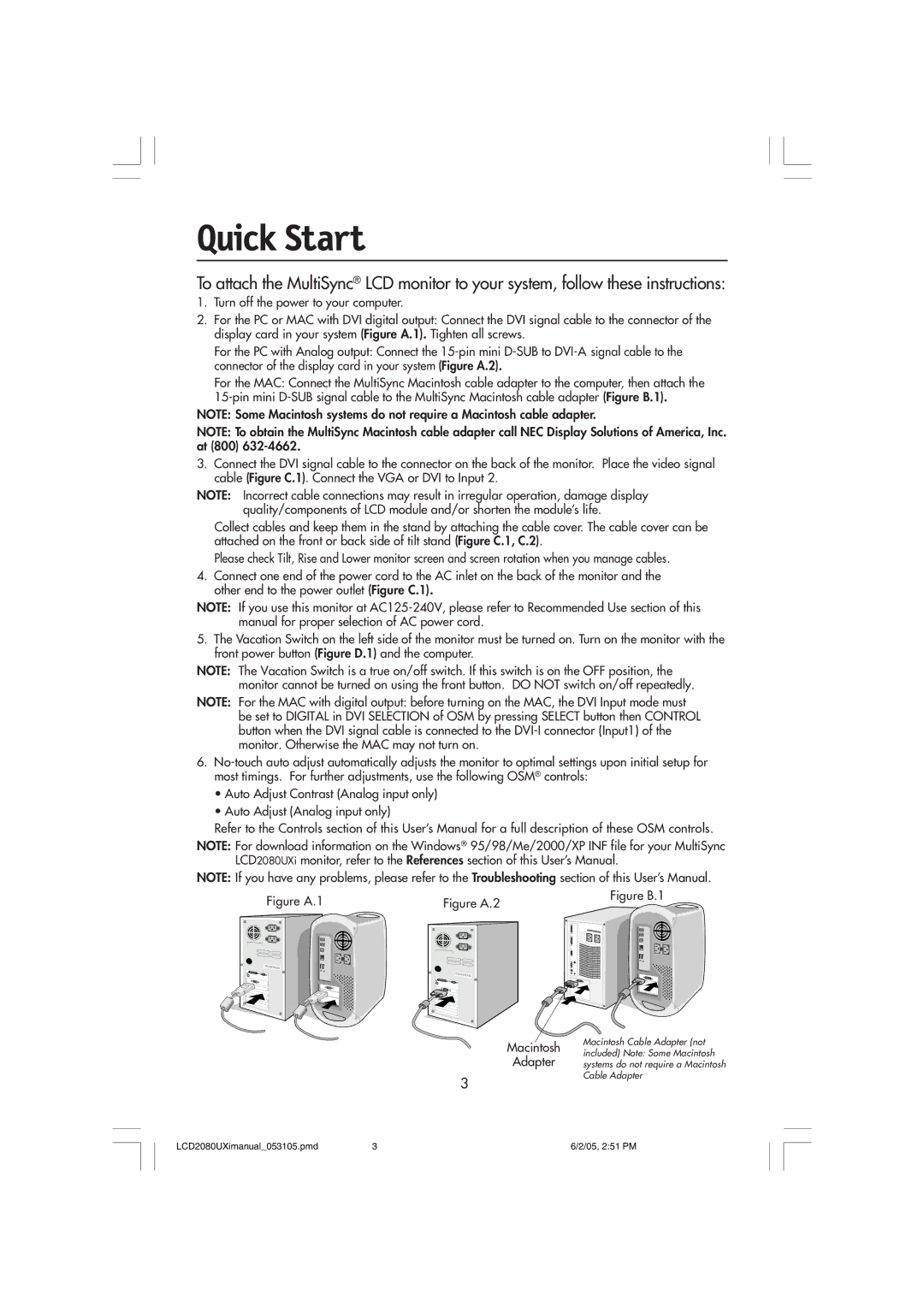 NEC LCD2080UXI manual Quick Start, Macintosh Adapter 