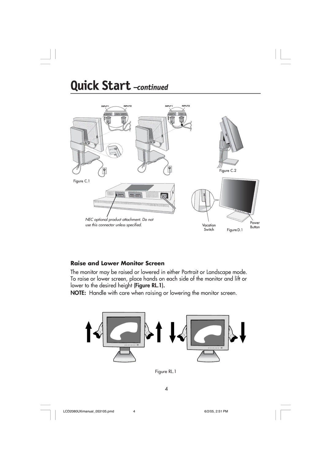 NEC LCD2080UXI manual Raise and Lower Monitor Screen, Figure RL.1 