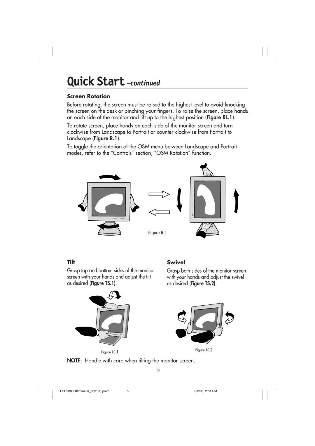 NEC LCD2080UXI manual Screen Rotation, Tilt, Swivel 