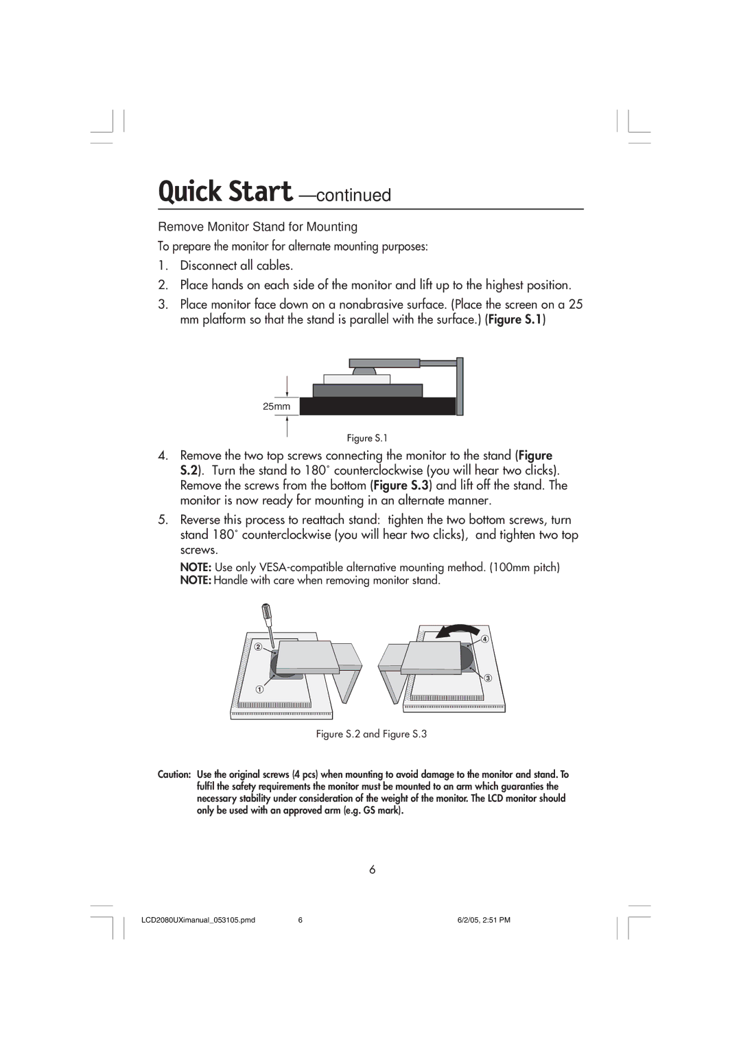 NEC LCD2080UXI manual Remove Monitor Stand for Mounting, Figure S.2 and Figure S.3 