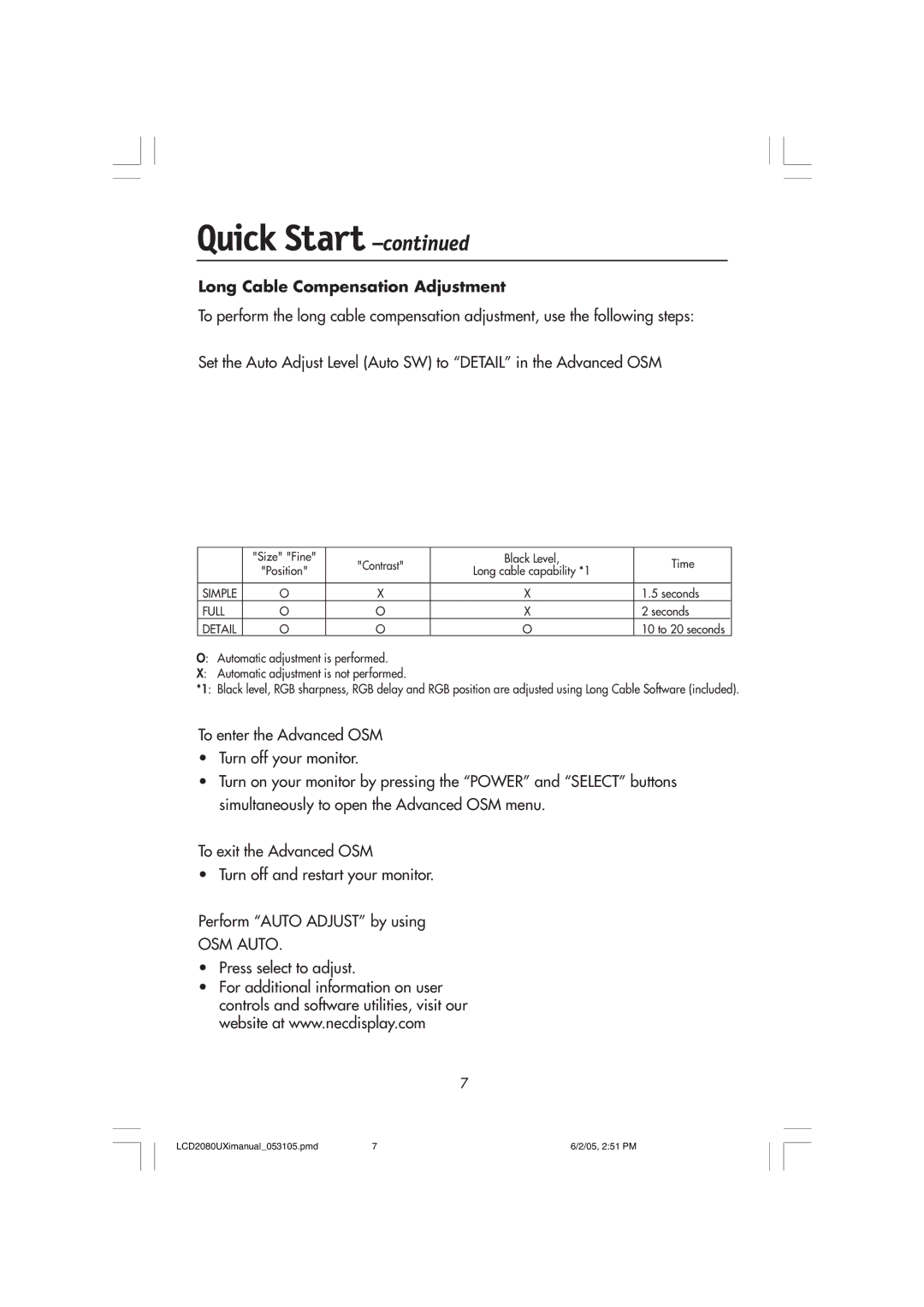 NEC LCD2080UXI manual Long Cable Compensation Adjustment 