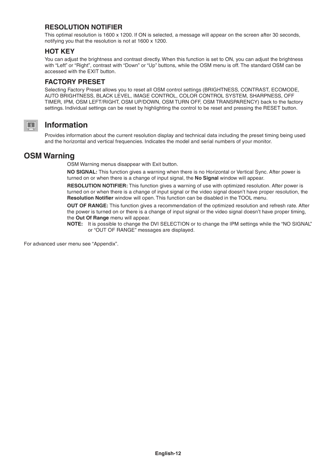 NEC LCD2090UXI user manual Information, OSM Warning, Resolution Notifier, Hot Key, Factory Preset 