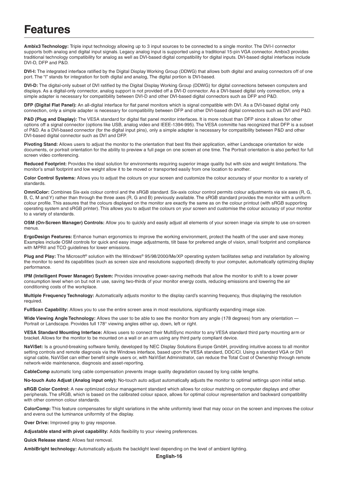 NEC LCD2090UXI user manual Features, English-16 