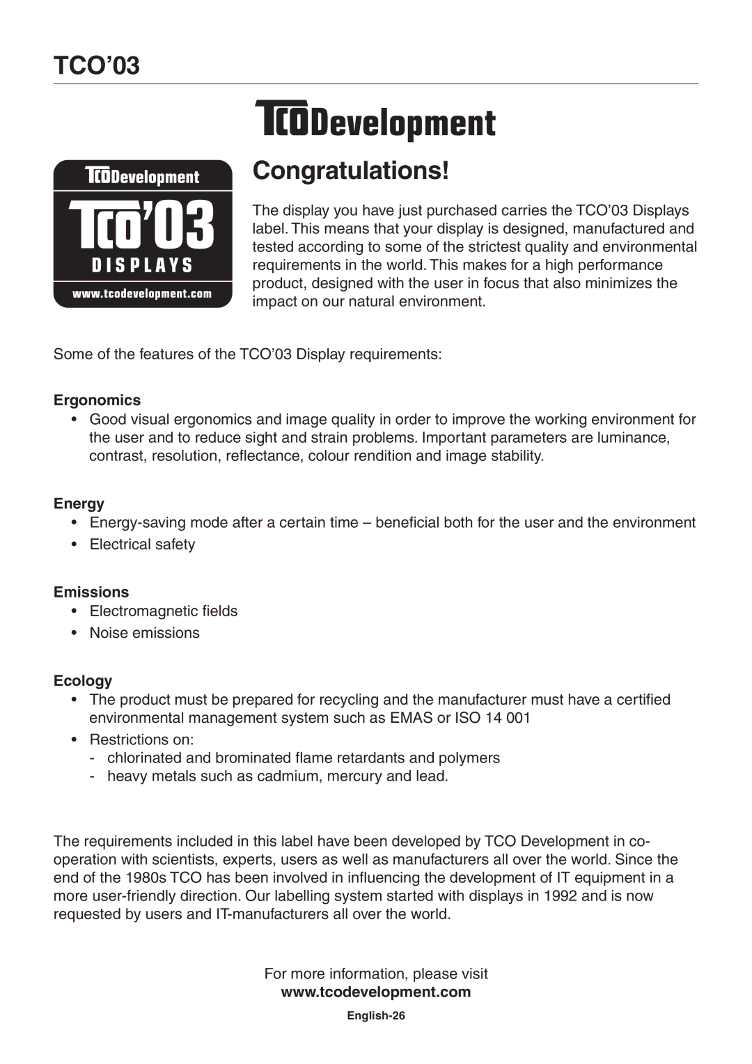 NEC LCD2090UXI user manual TCO’03 Congratulations, English-26 