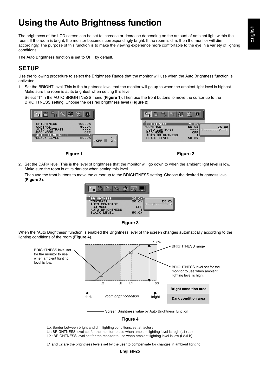 NEC LCD2090UXI user manual Using the Auto Brightness function, Setup, English 
