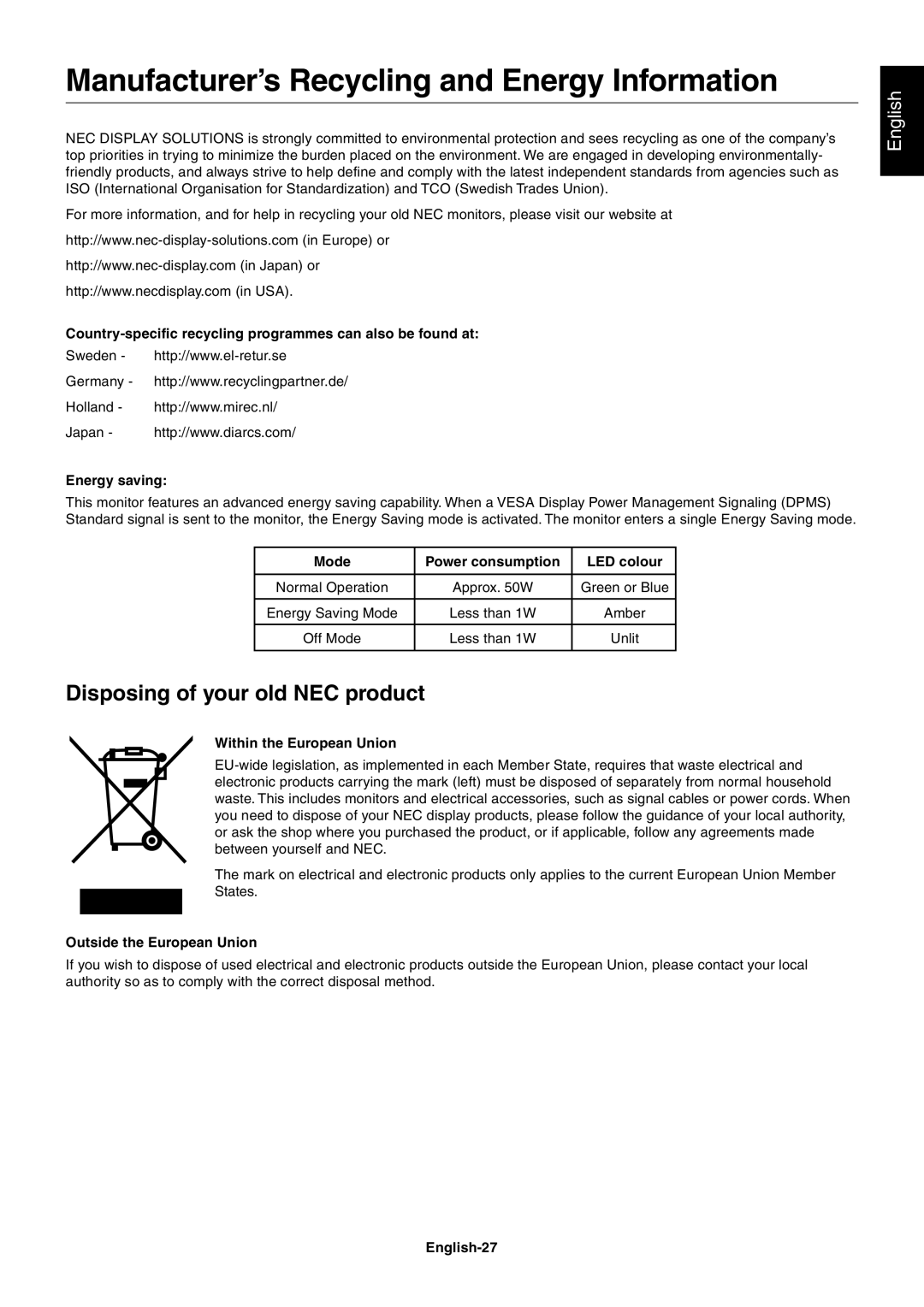 NEC LCD2090UXI user manual Manufacturer’s Recycling and Energy Information, Disposing of your old NEC product, English 