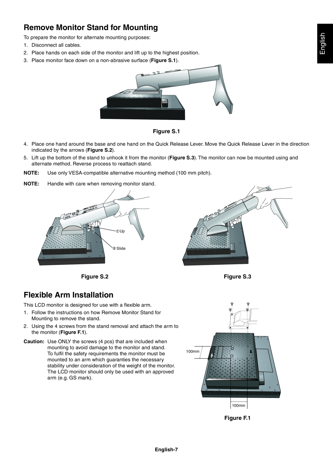 NEC LCD2090UXI Remove Monitor Stand for Mounting, Flexible Arm Installation, English, Figure S.1, Figure S.2, Figure S.3 