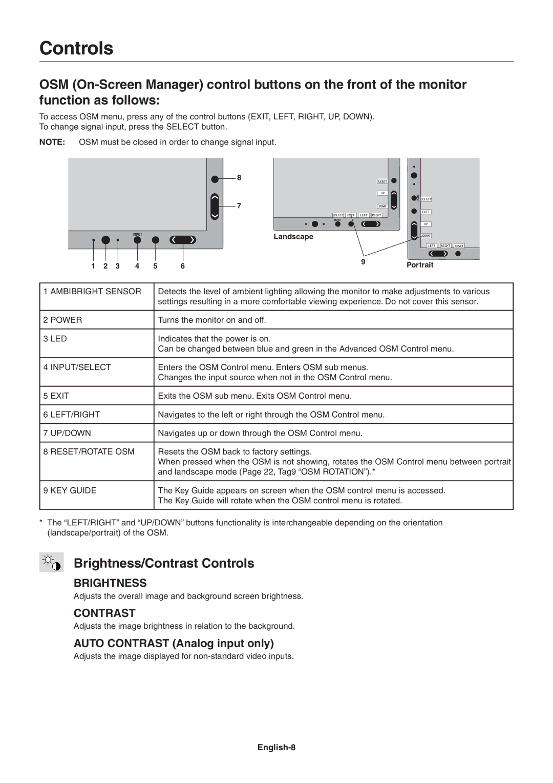 NEC LCD2090UXI user manual Brightness/Contrast Controls, English-8 