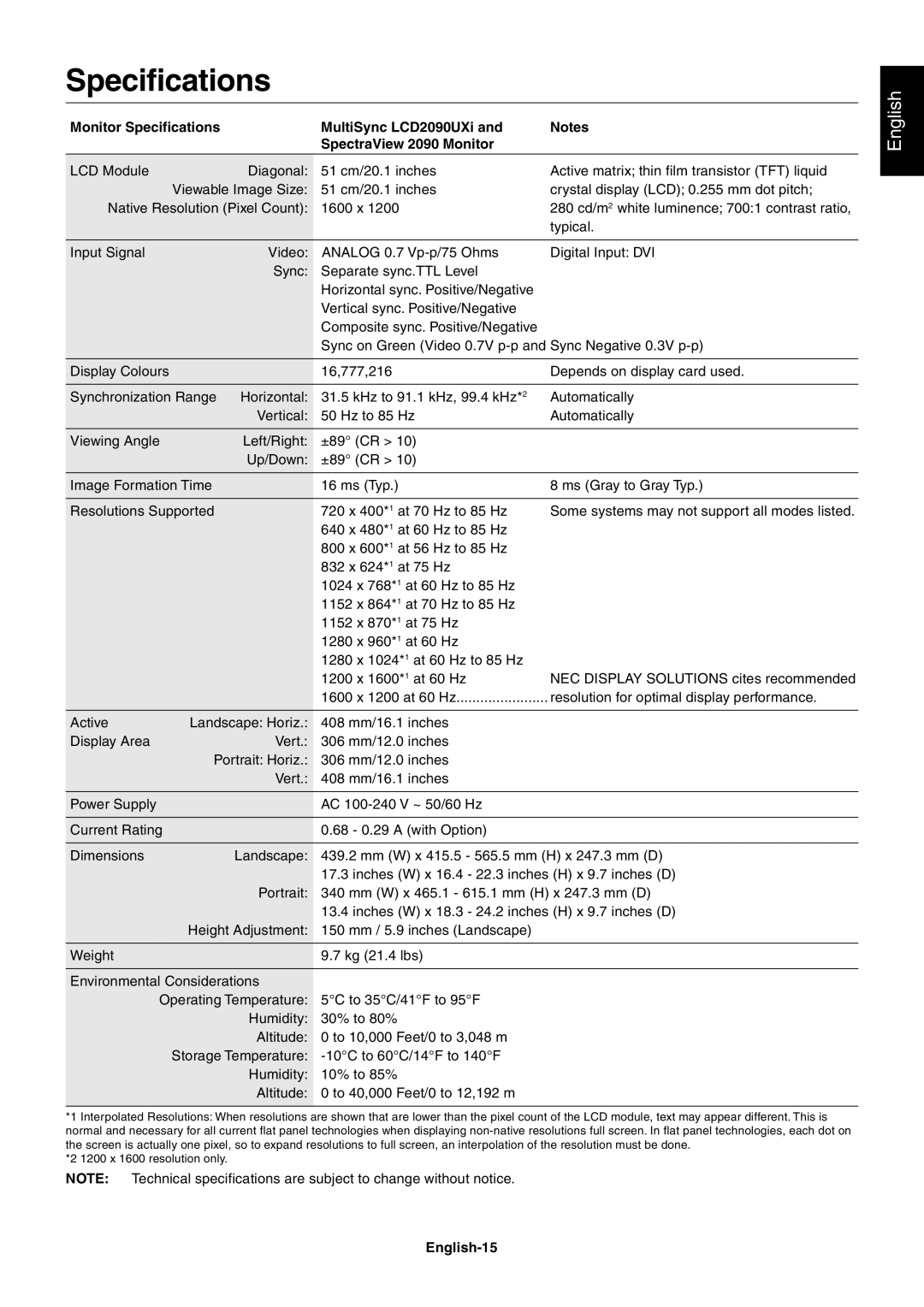 NEC LCD2090UXI user manual Specifications, English-15 