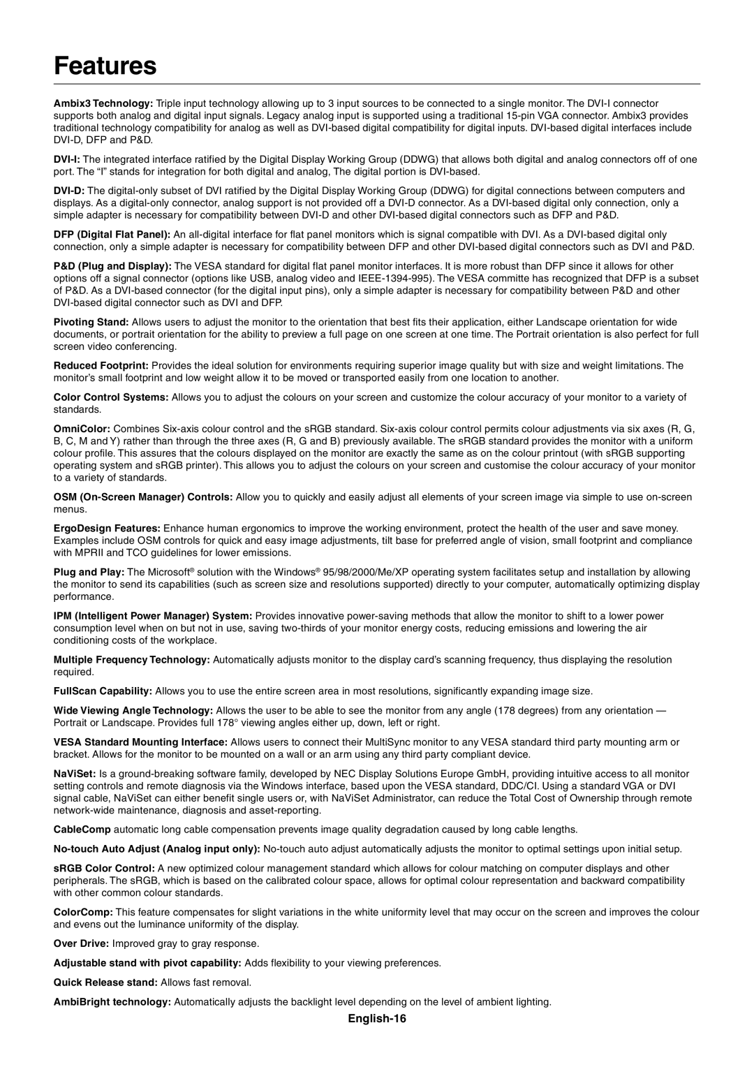 NEC LCD2090UXI user manual Features, English-16 