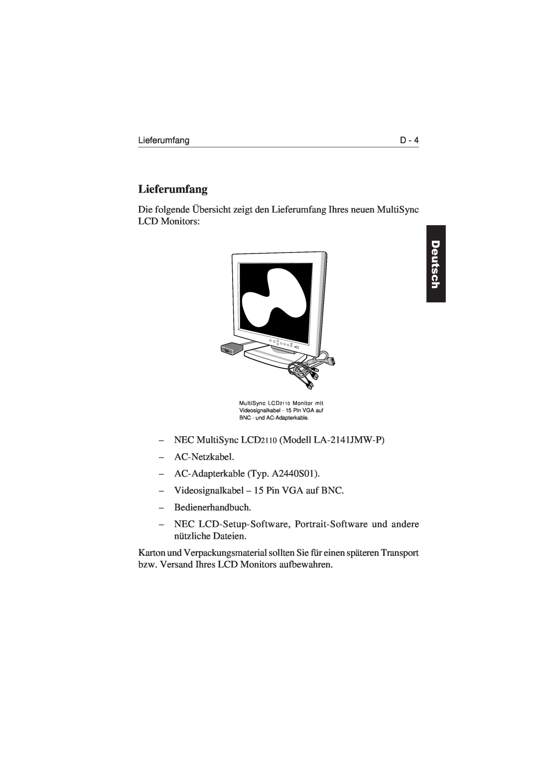 NEC LCD2110 user manual Lieferumfang, Deutsch Franais Espa-ol Italiano Appendix, English 