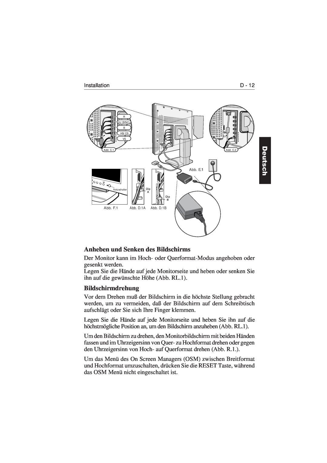 NEC LCD2110 user manual Anheben und Senken des Bildschirms, Bildschirmdrehung, English, Espa 