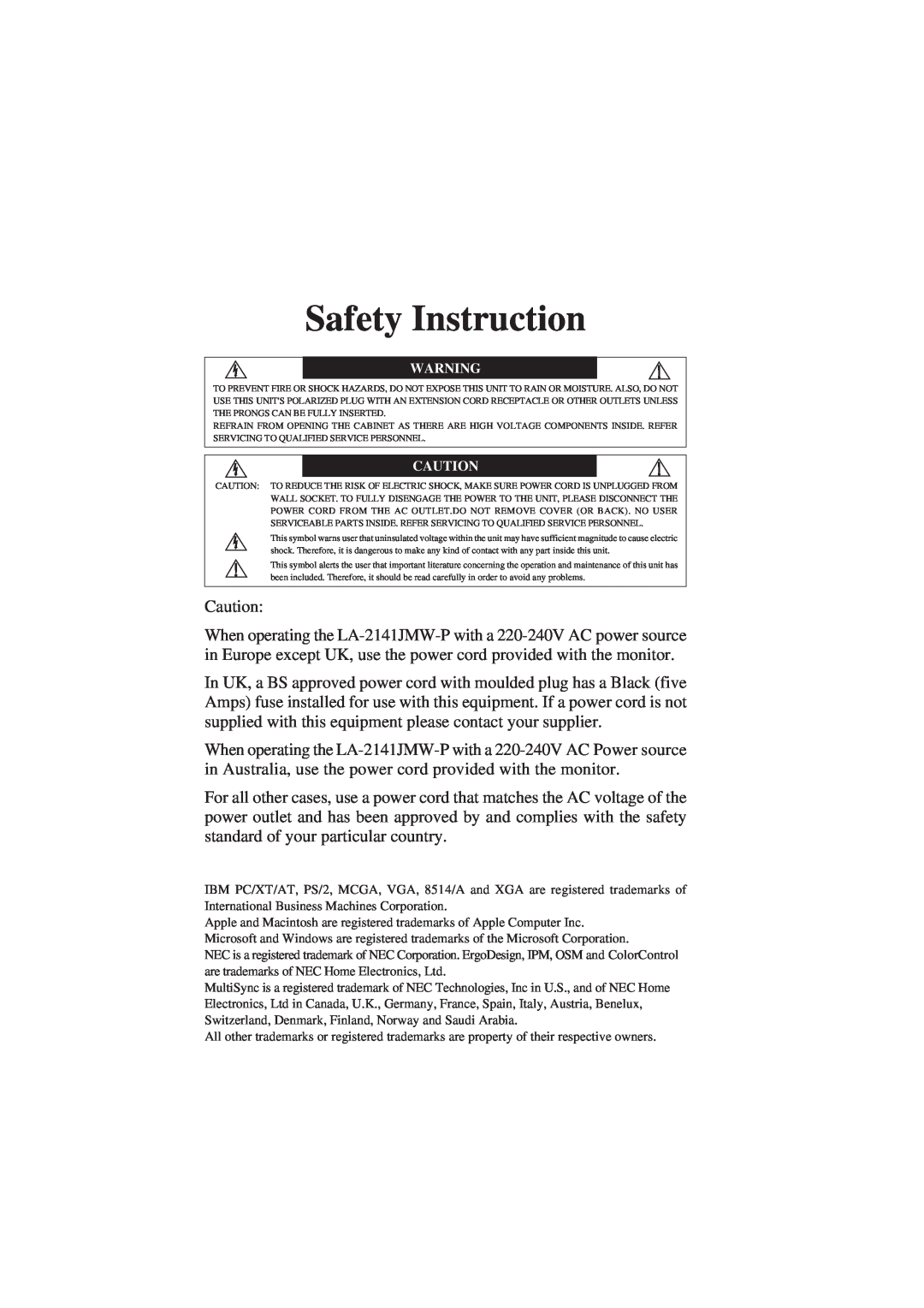 NEC LCD2110 user manual Safety Instruction 
