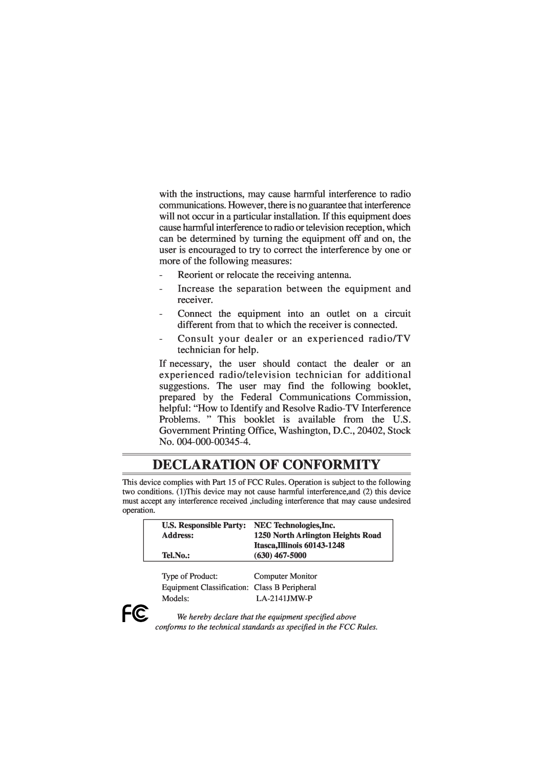 NEC LCD2110 user manual Declaration Of Conformity 