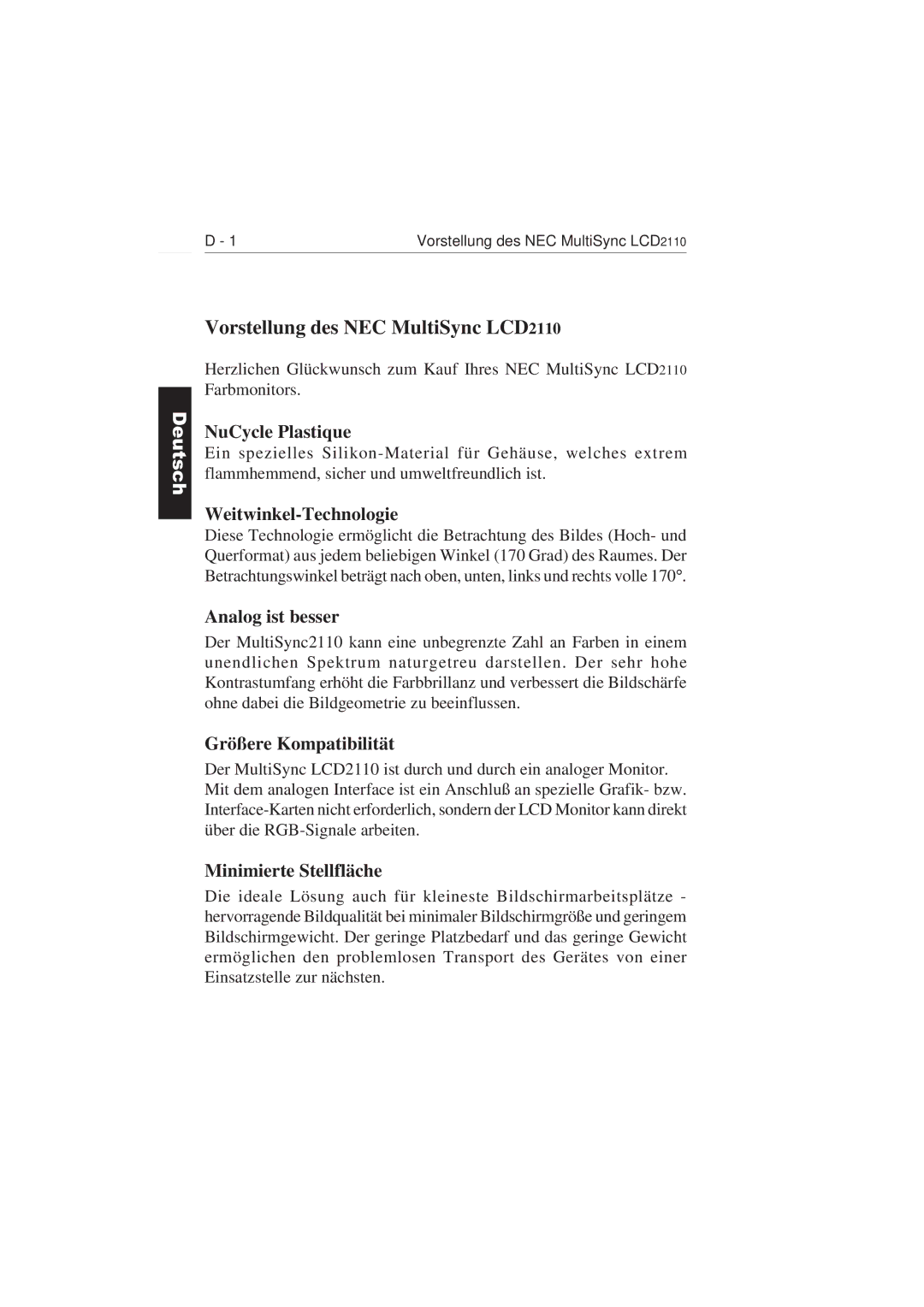 NEC user manual Vorstellung des NEC MultiSync LCD2110 