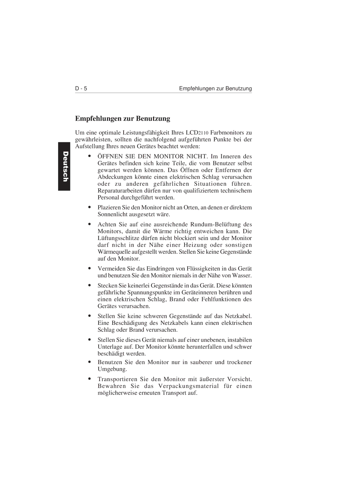 NEC LCD2110 user manual Empfehlungen zur Benutzung 