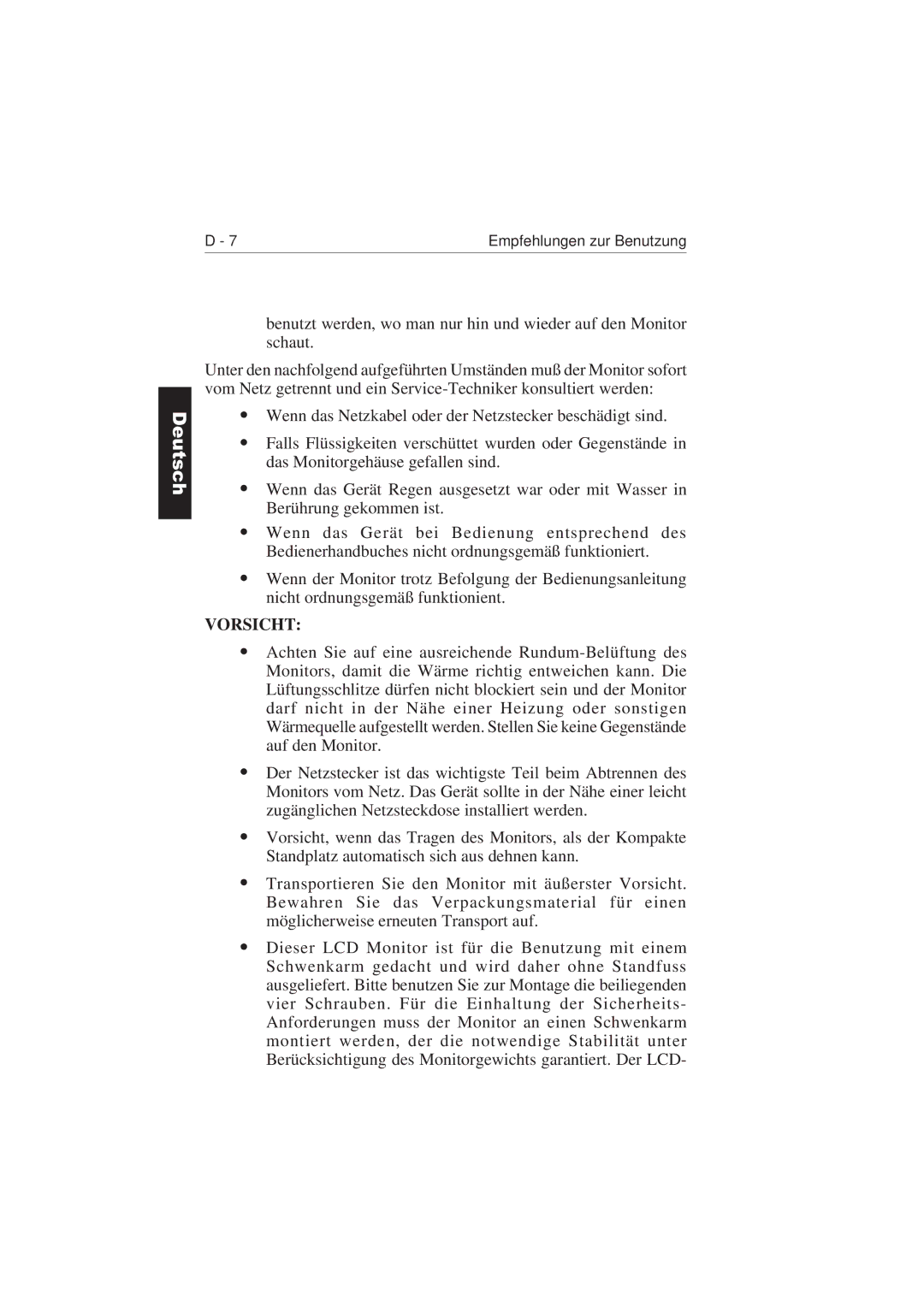 NEC LCD2110 user manual Vorsicht 