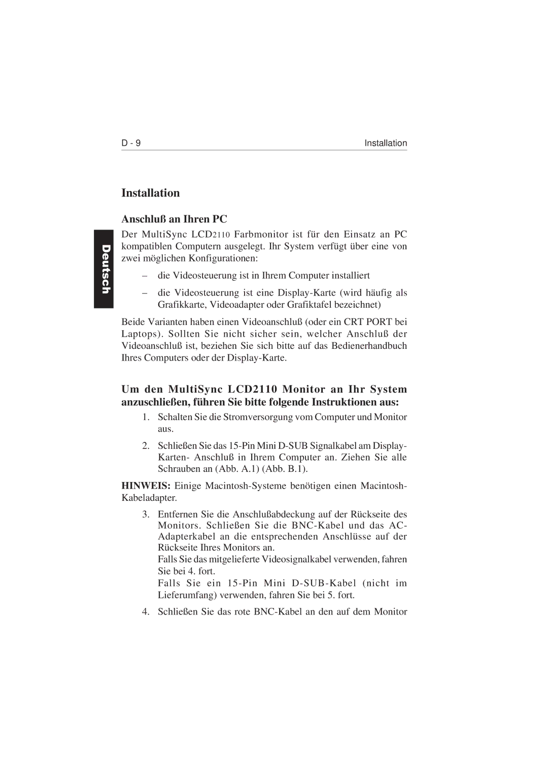 NEC LCD2110 user manual Installation, Anschluß an Ihren PC 