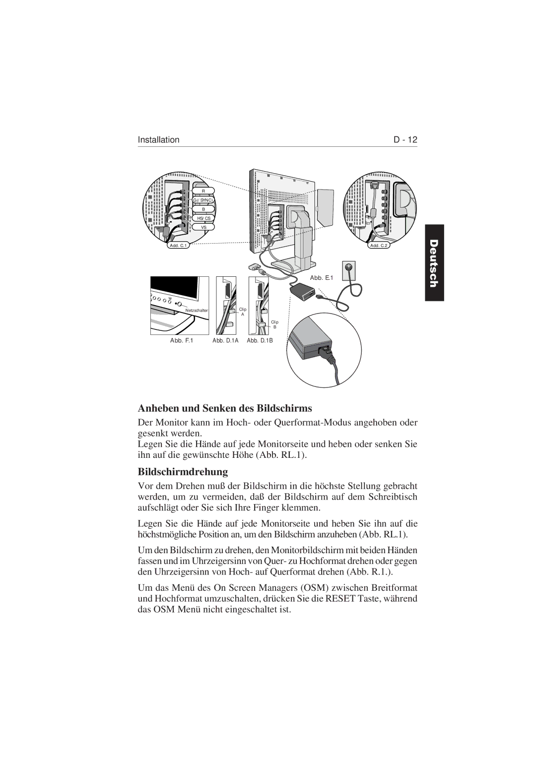 NEC LCD2110 user manual Anheben und Senken des Bildschirms, Bildschirmdrehung 