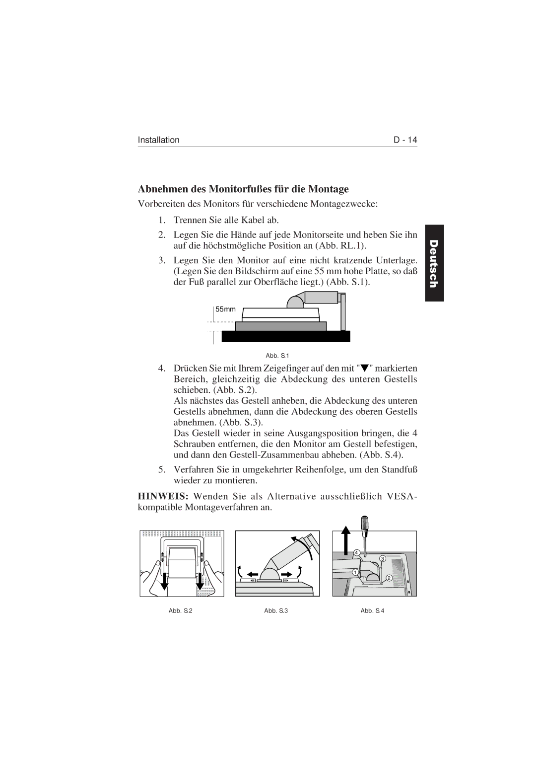 NEC LCD2110 user manual Abnehmen des Monitorfußes für die Montage, Franais 