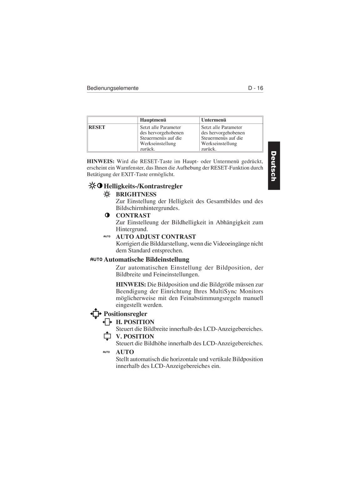 NEC LCD2110 user manual Helligkeits-/Kontrastregler, Automatische Bildeinstellung, Positionsregler 